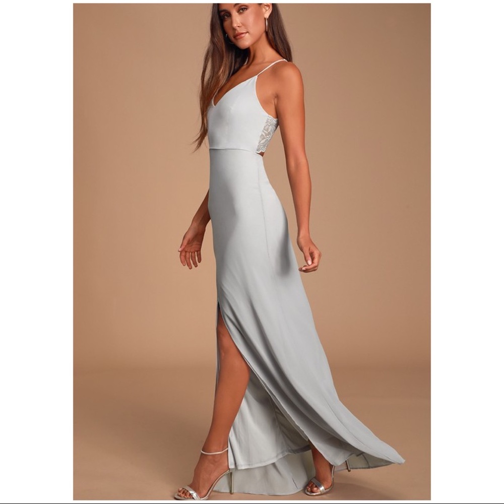 Lulu’s Starry Night Grey Backless Lace Maxi Dress